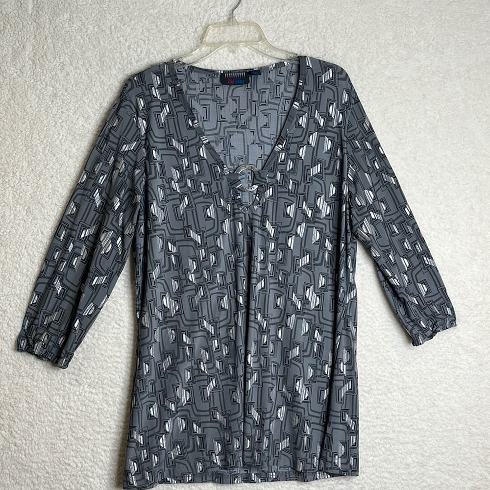 Vintage Diva Blue Womens Gray Geometric Stretch 3/4 Sleeve Top Blouse 2X PLUS